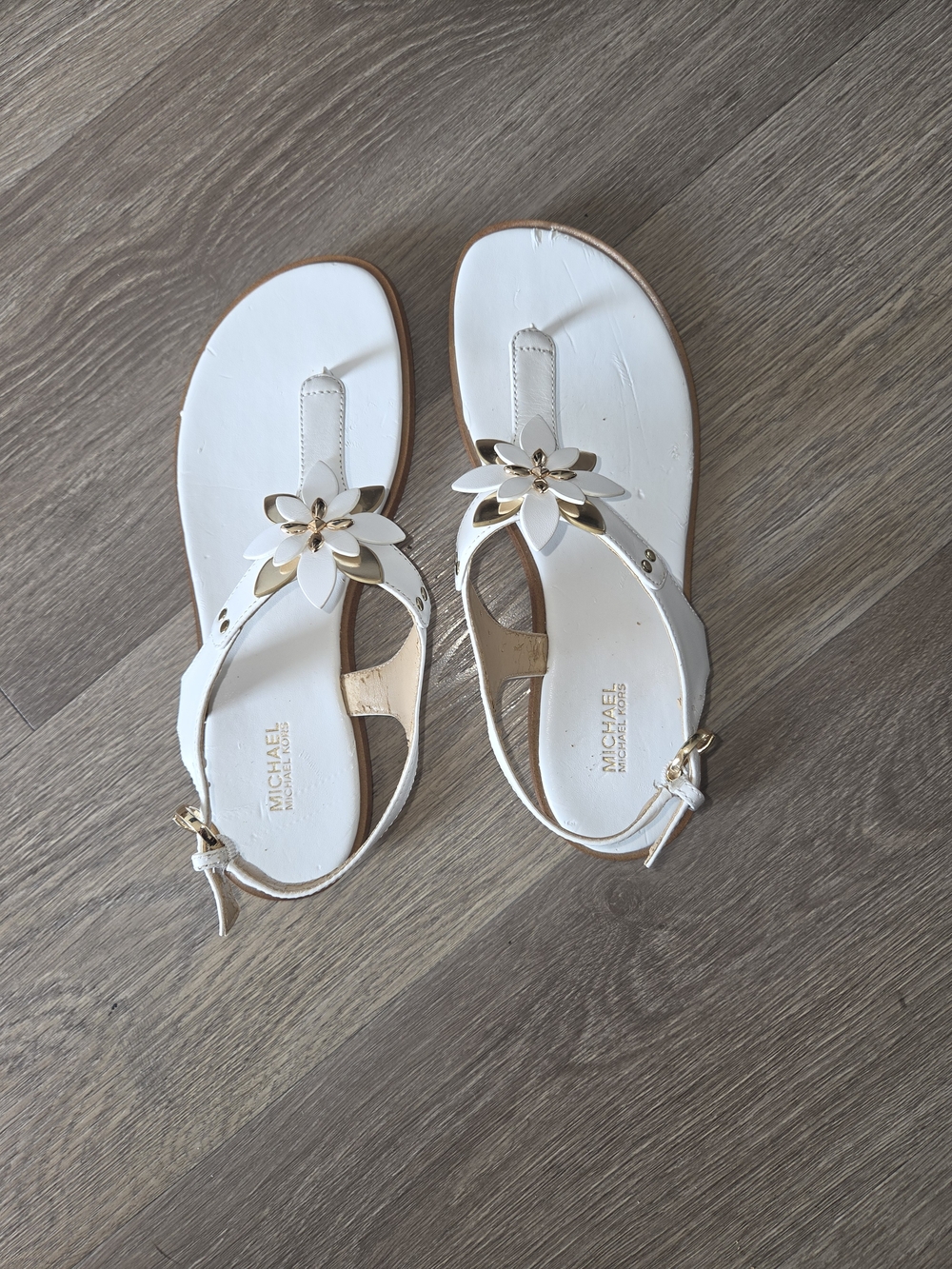 Michael Kors White Sandal with Gold-Accented Floral Detail